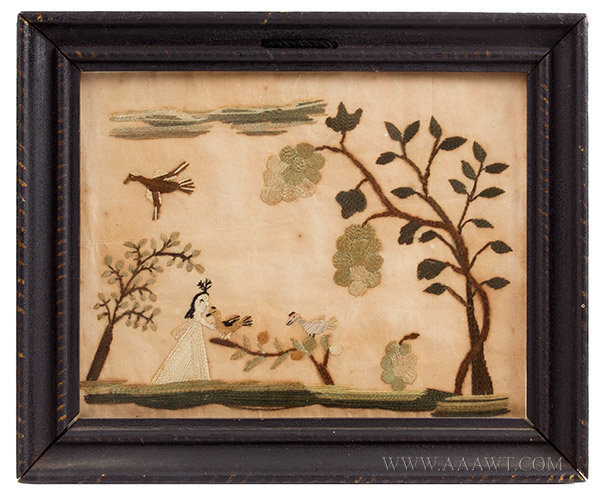 Antique Embroidery, Girl with Birds, Silk on Paper, 18th or 19th Century, entire view